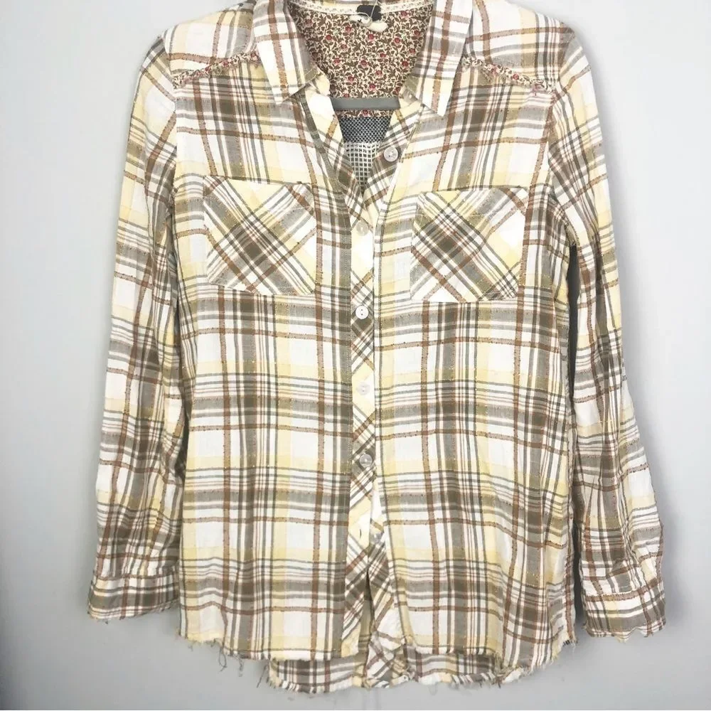 FREE PEOPLE | Park Ranger Plaid Button Down Top Knit Accents Women’s Size XS
